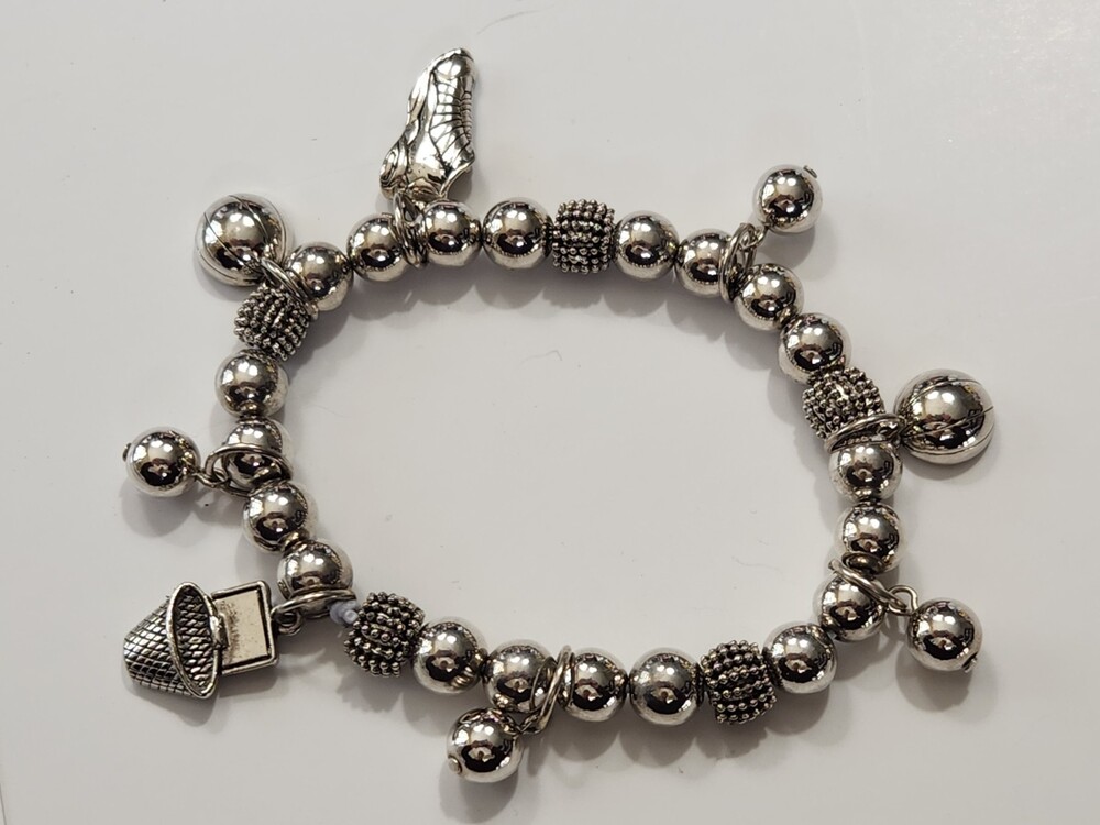 Basketball Themed Silver Plated Stretch Bracelet Beads Charms Sports Games Fun
